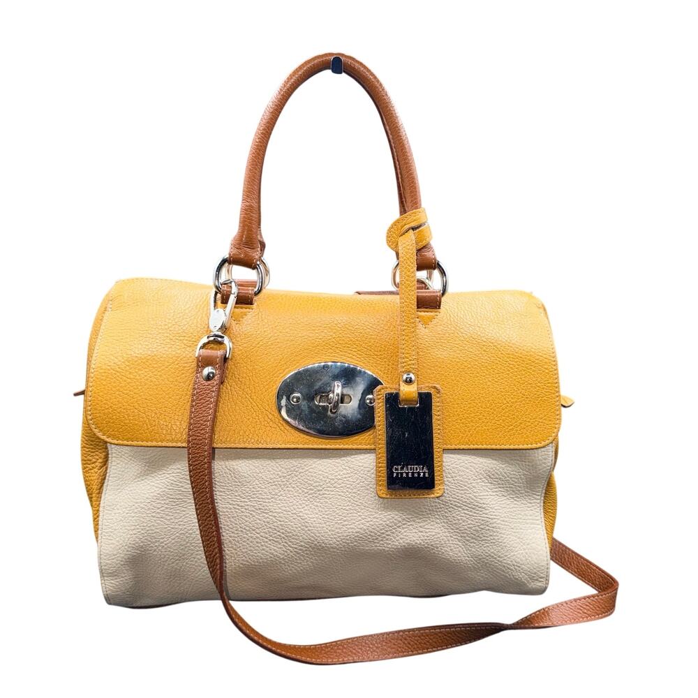 Claudia Firenze Italian Leather Satchel Crossbody Bag Yellow Cream